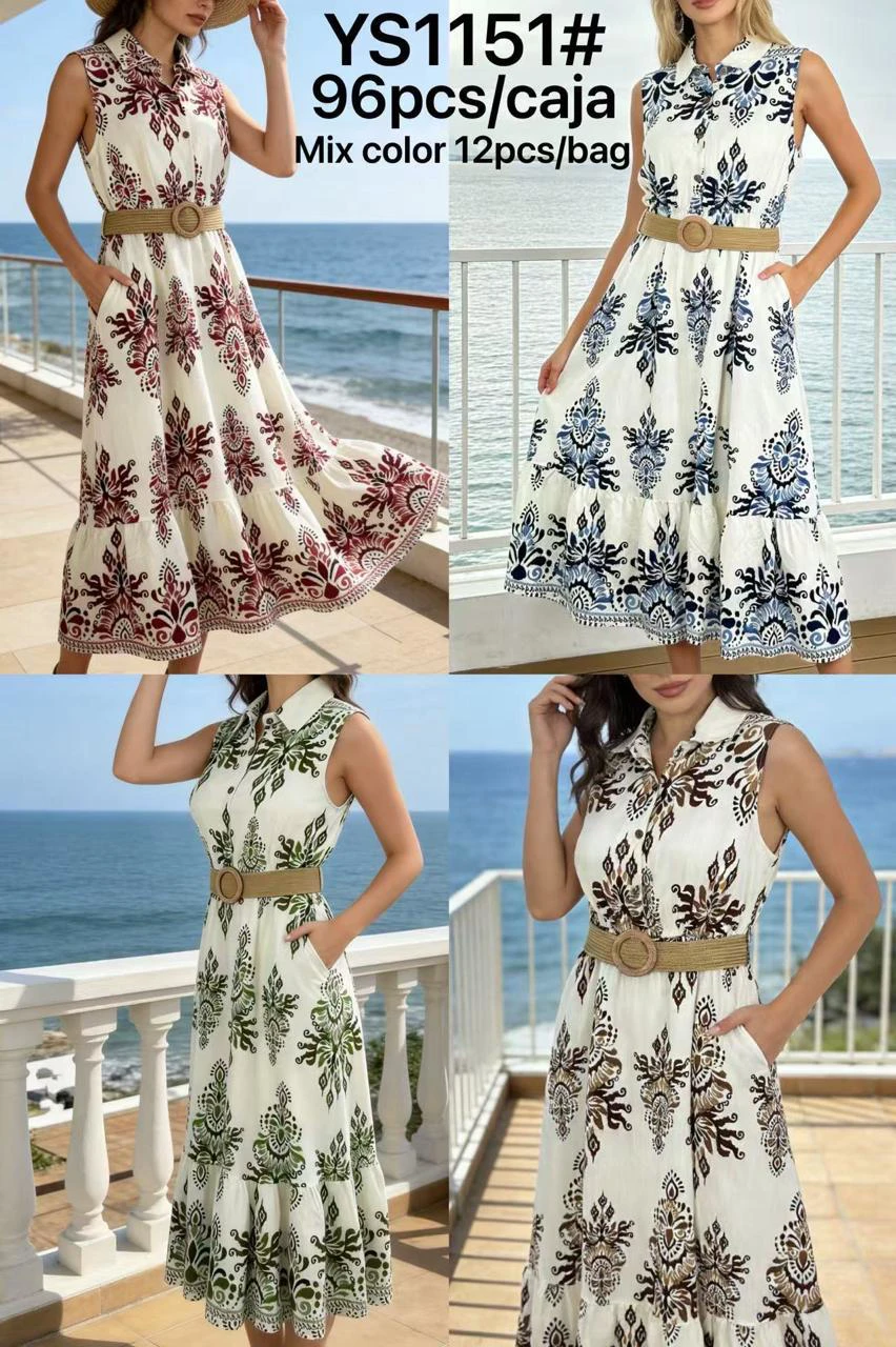 Vestido camisero largo sin mangas con estampado y cinturón-YS1151