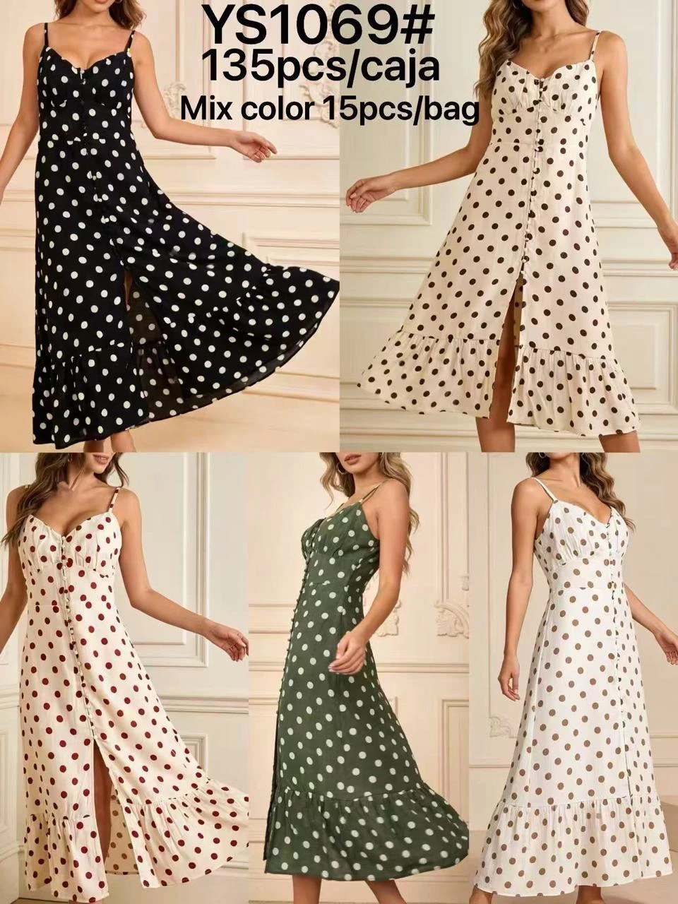 Vestido de tirantes con estampado de lunares y botones-YS1069