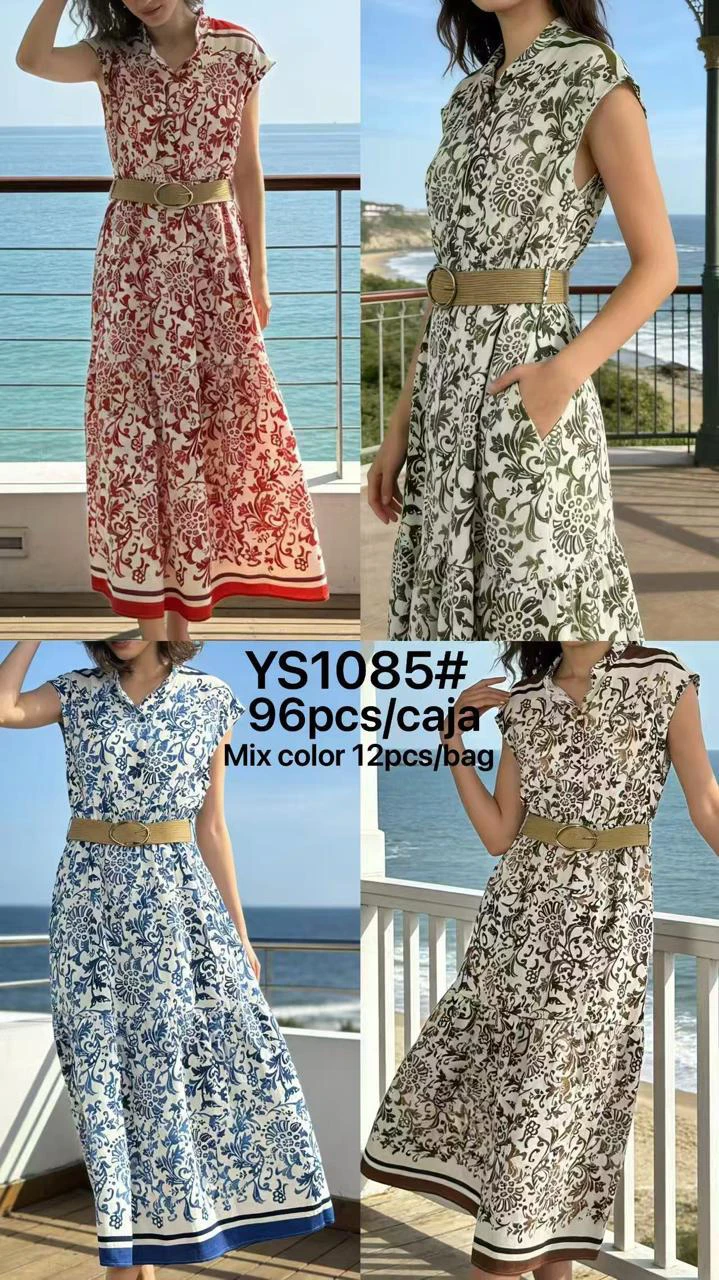 Vestido largo estampado de manga corta-YS1085