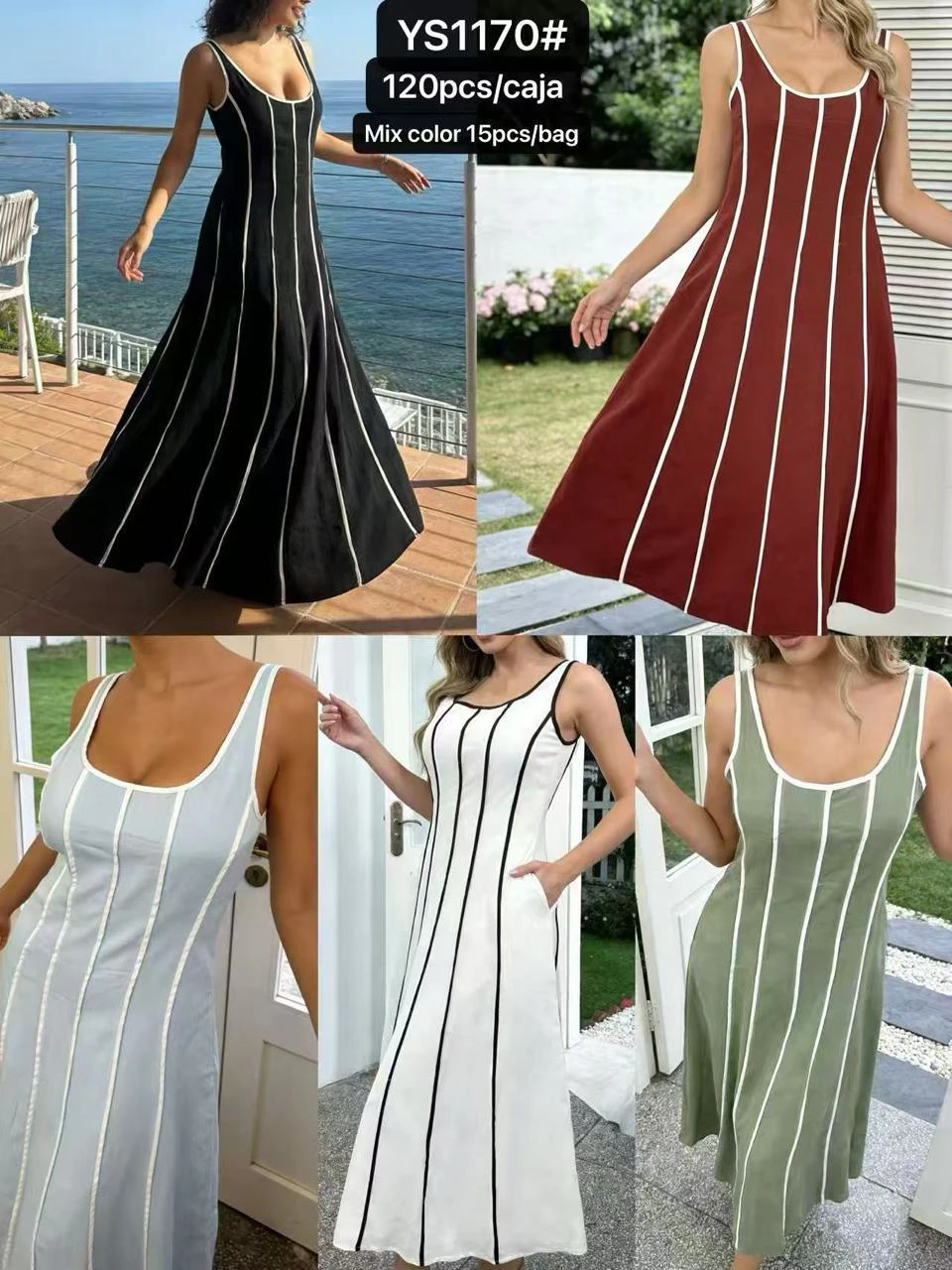 Vestido largo sin mangas con rayas verticales-YS1170