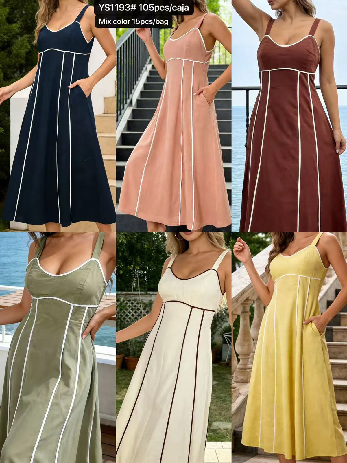 Vestido midi con tirantes y ribetes en contraste-YS1193