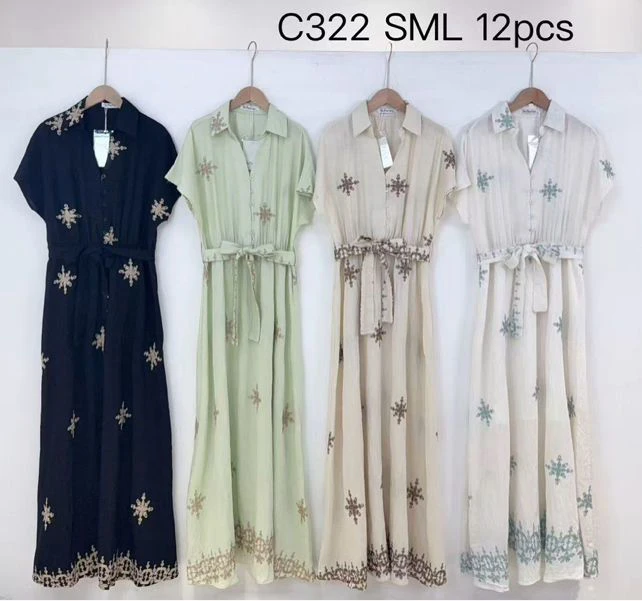 Vestido largo con estampado de estrellas y cinturón-C322