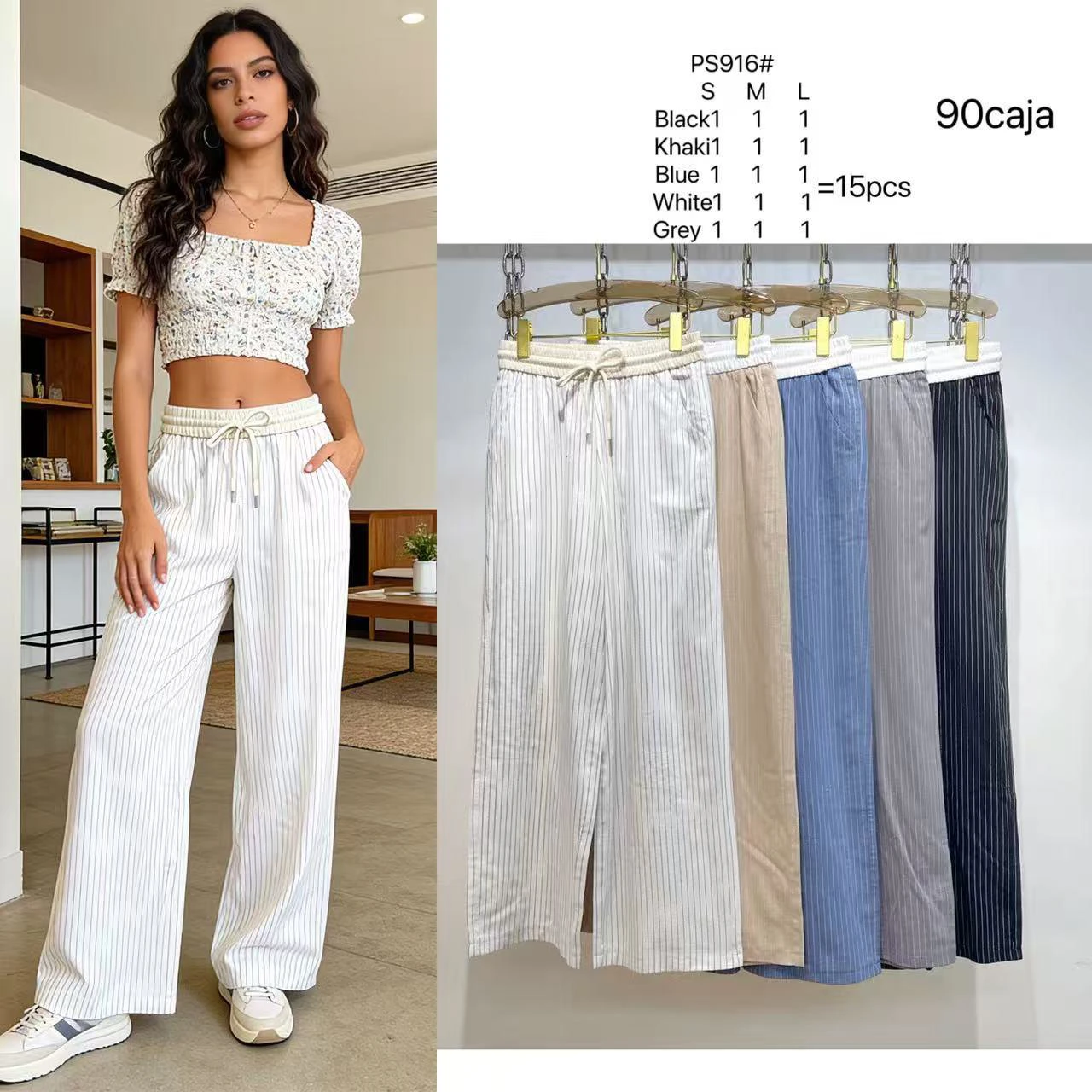Pantalones de pierna ancha a rayas con cordón-PS916