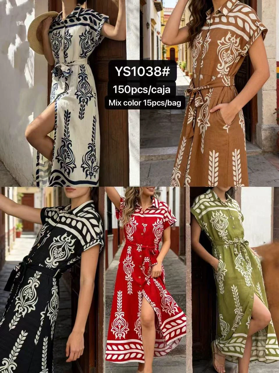 Vestido camisero largo estampado con cinturón-YS1038