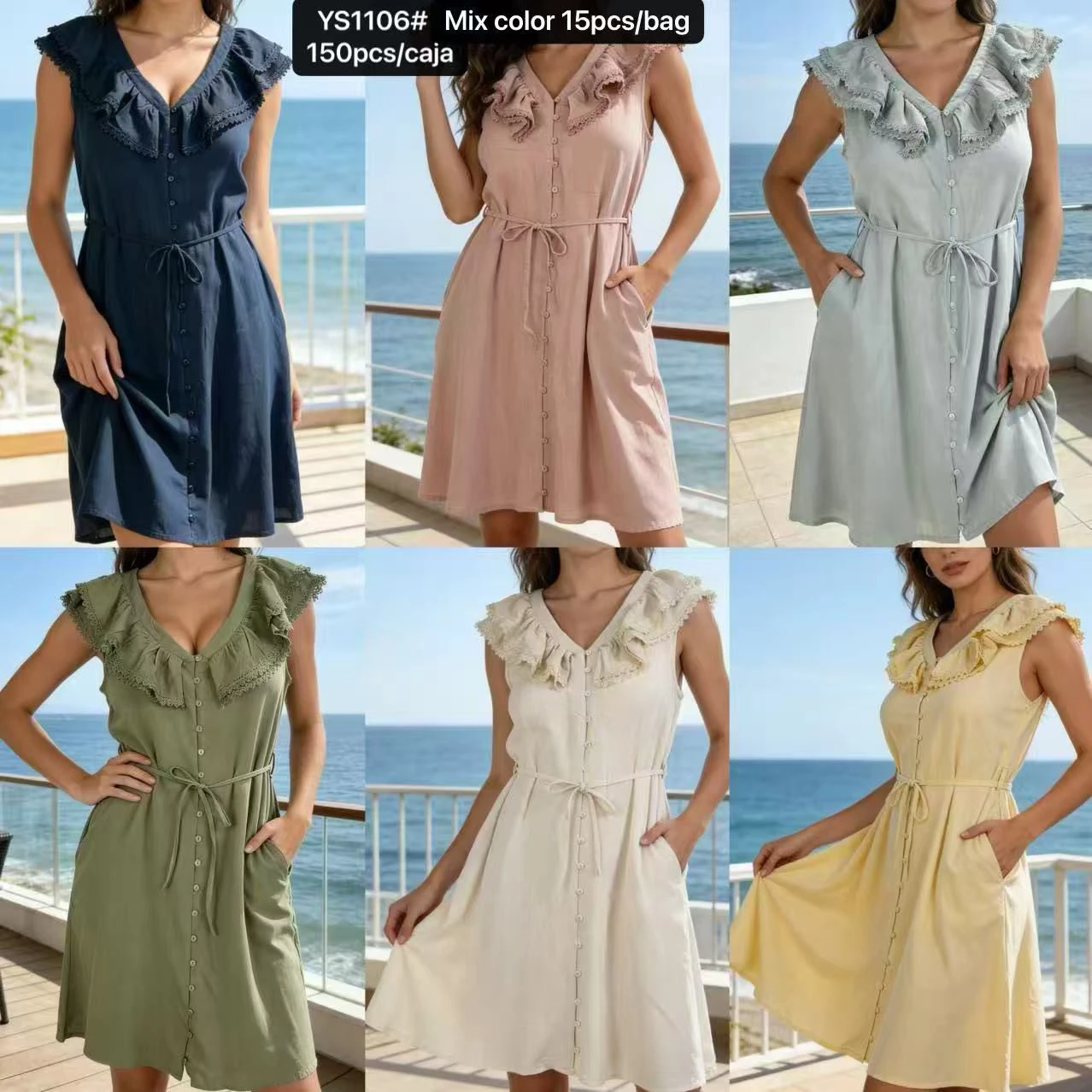 Vestido corto sin mangas con volantes y botones-YS1106