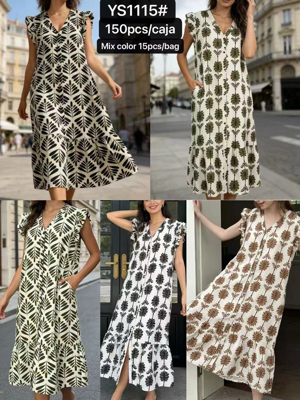 Vestido largo con estampado de hojas y mangas de volantes-YS1115