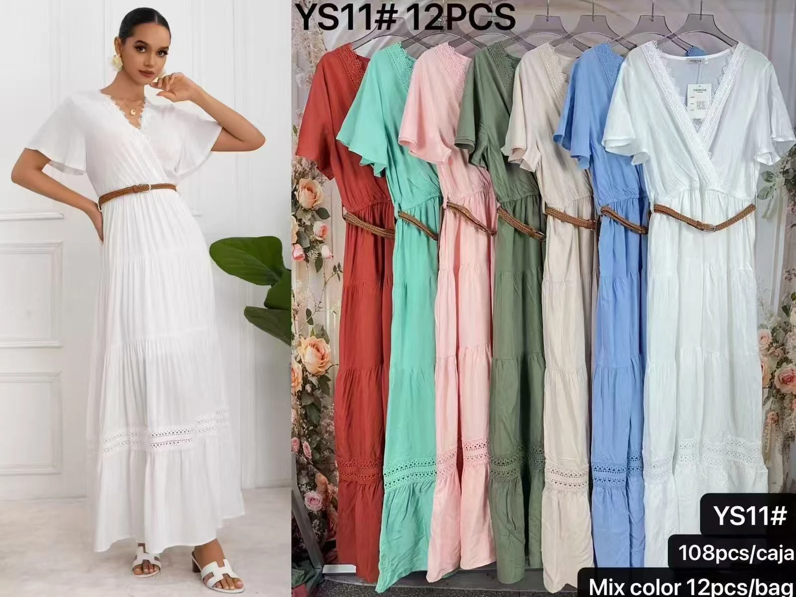 Vestido largo escalonado con cuello V de encaje y cinturón-YS11