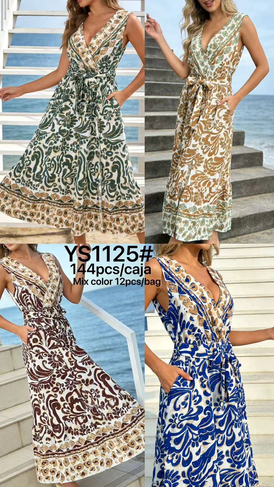 Vestido largo estampado con cuello V y lazo en la cintura-YS1125