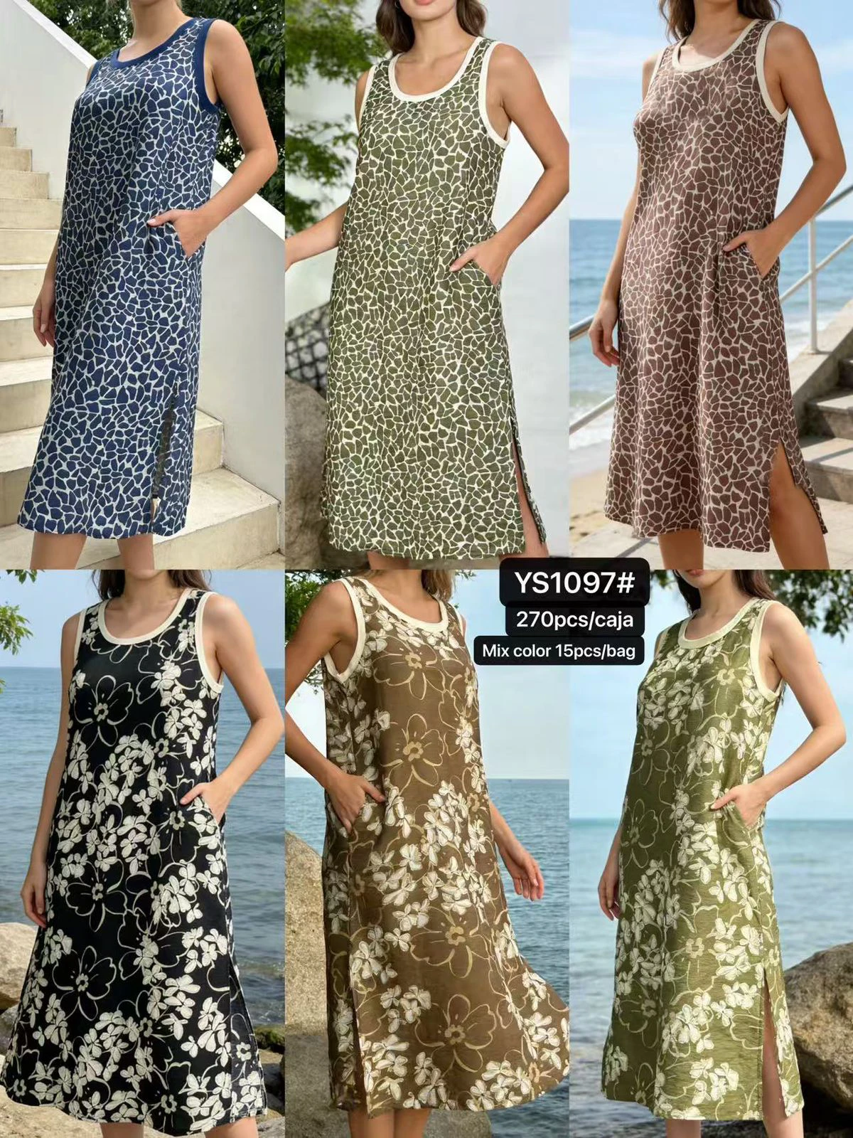 Vestido sin mangas con estampado y bolsillos-YS1097