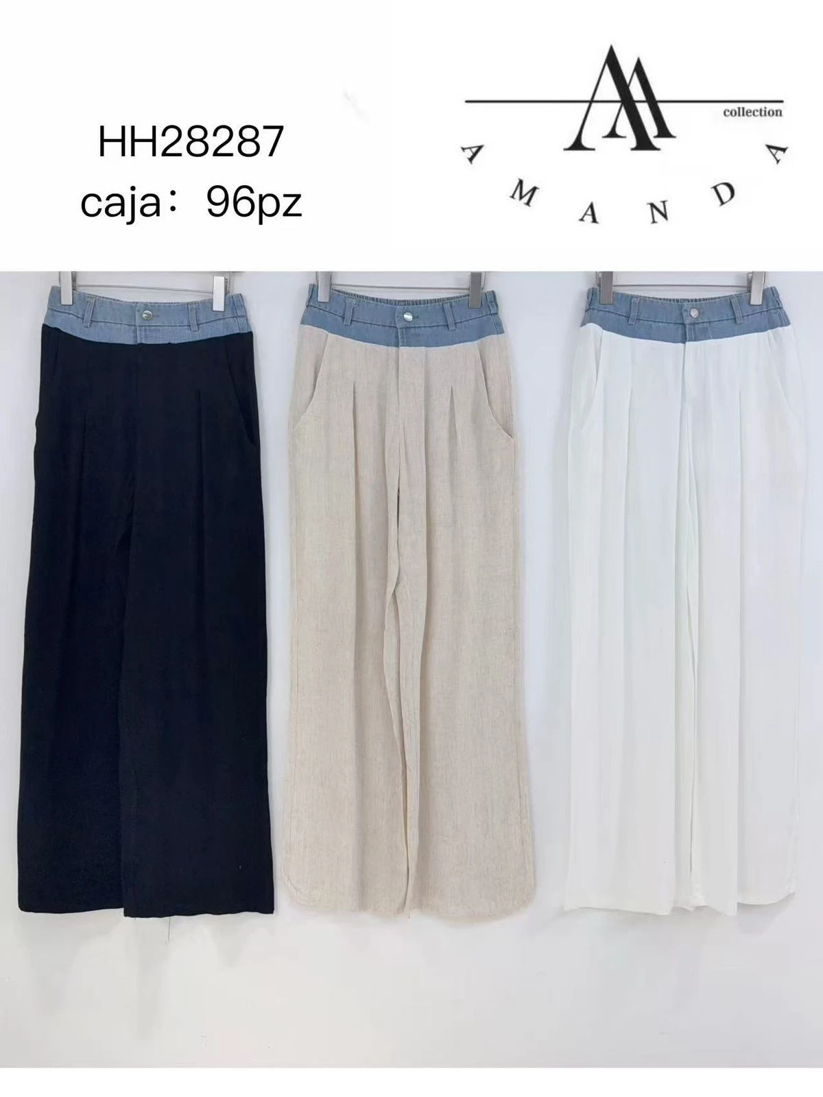Pantalones anchos con cintura de mezclilla-HH28287