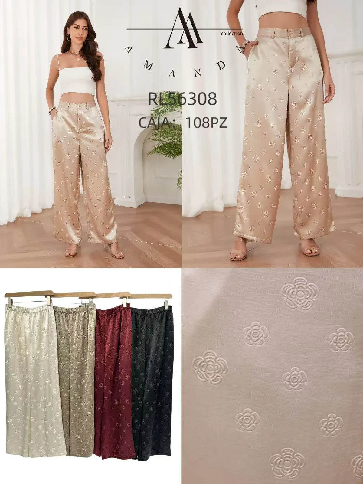 Pantalones de pierna ancha con textura floral-RL56308