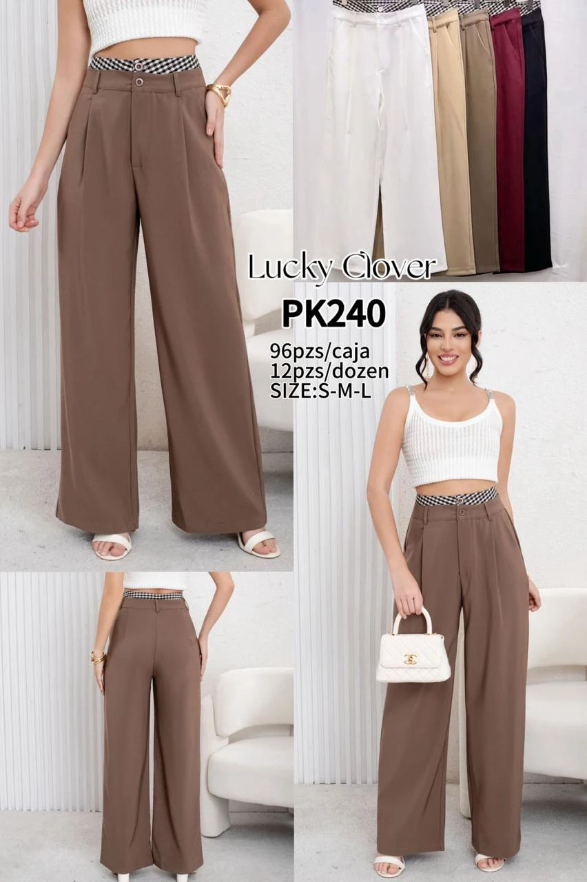 Pantalones de pierna ancha con cintura a cuadros-PK240