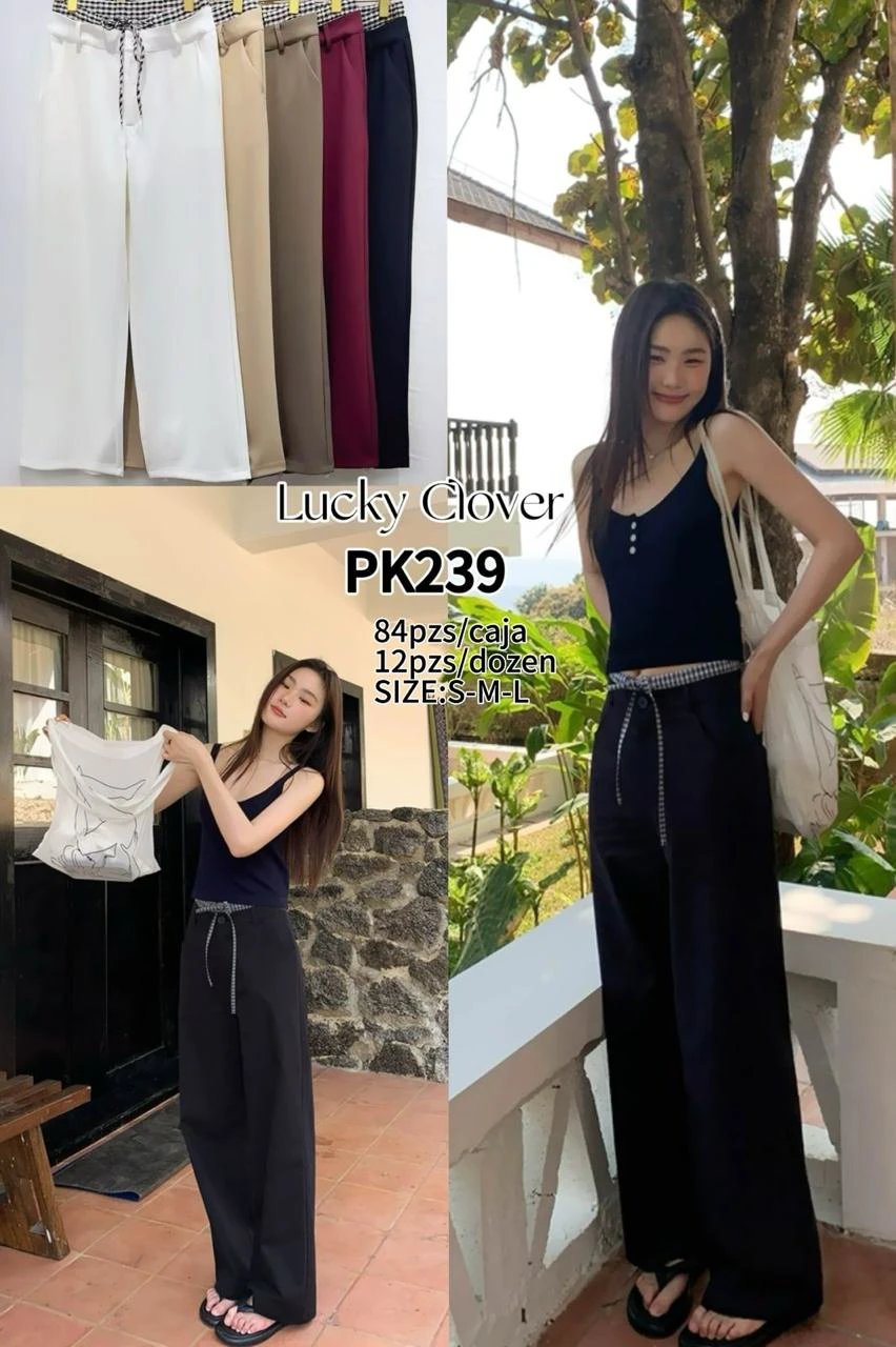 Pantalones de pierna ancha con cinturón a cuadros-PK239