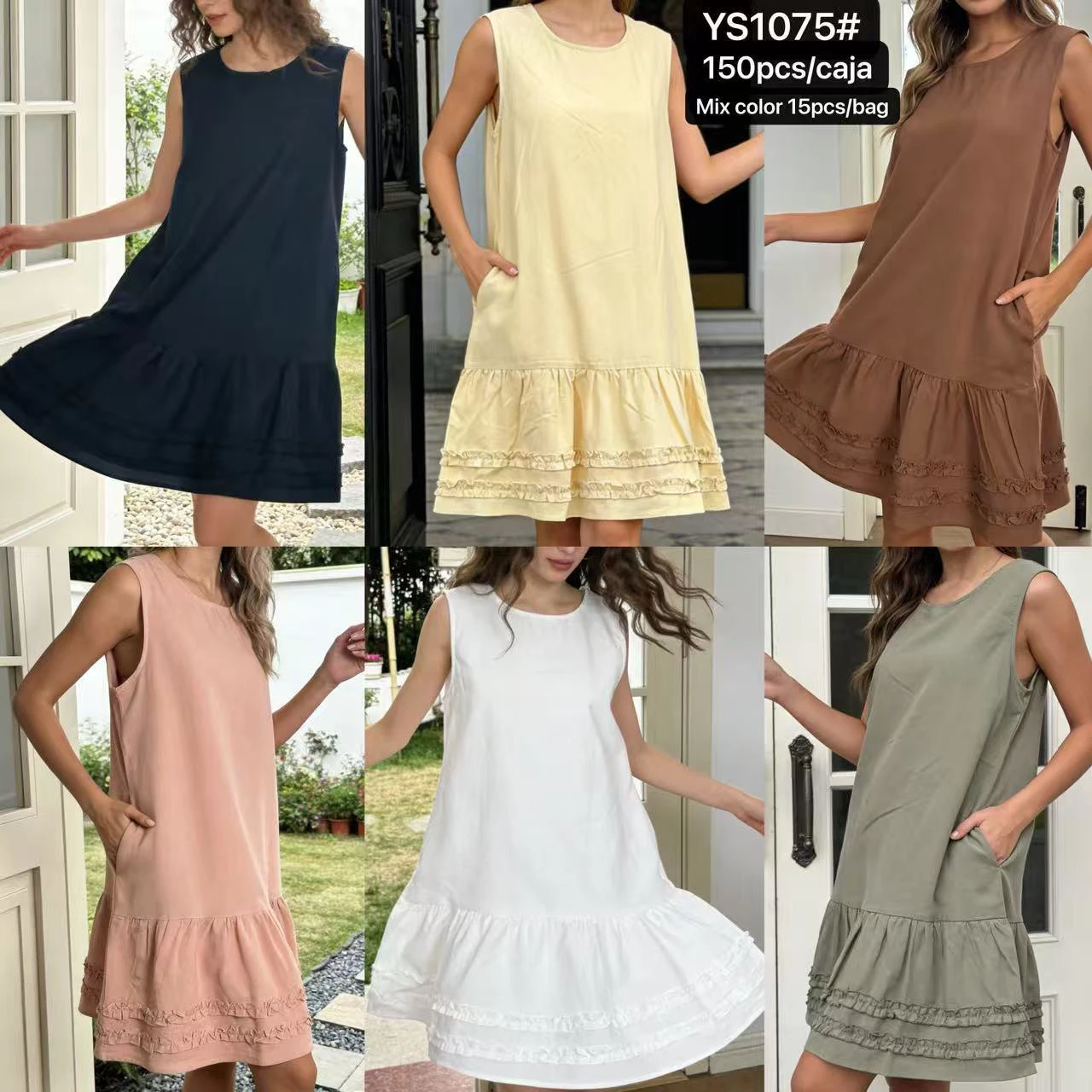 Vestido corto sin mangas con dobladillo con volantes-YS1075