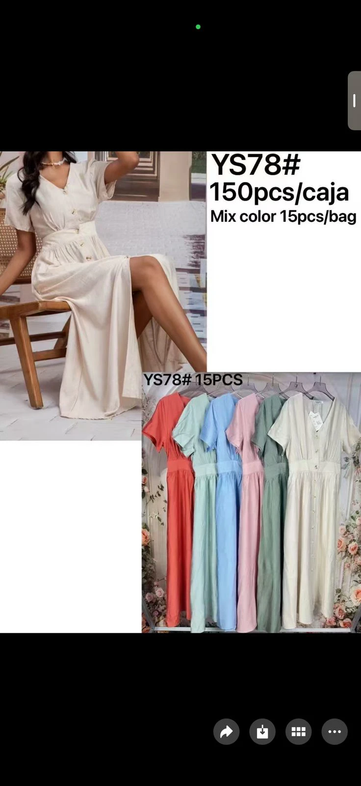 Vestido largo de cuello en V con botones y cintura elástica-YS78