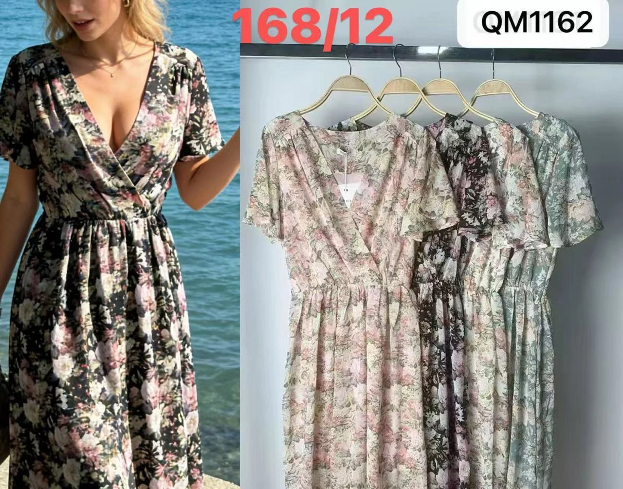 Vestido largo floral con escote cruzado-QM1162