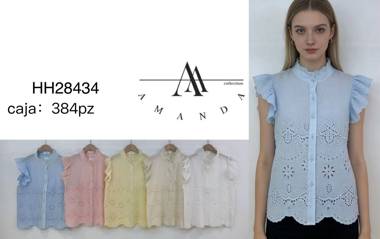 Blusa sin mangas de ojalillo con cuello alto-HH28434