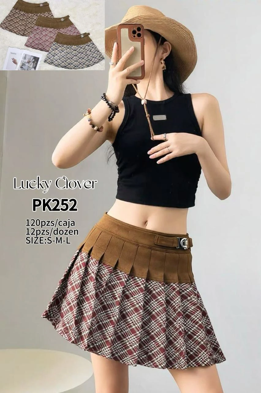 Falda plisada a cuadros con detalle de cinturón-PK252