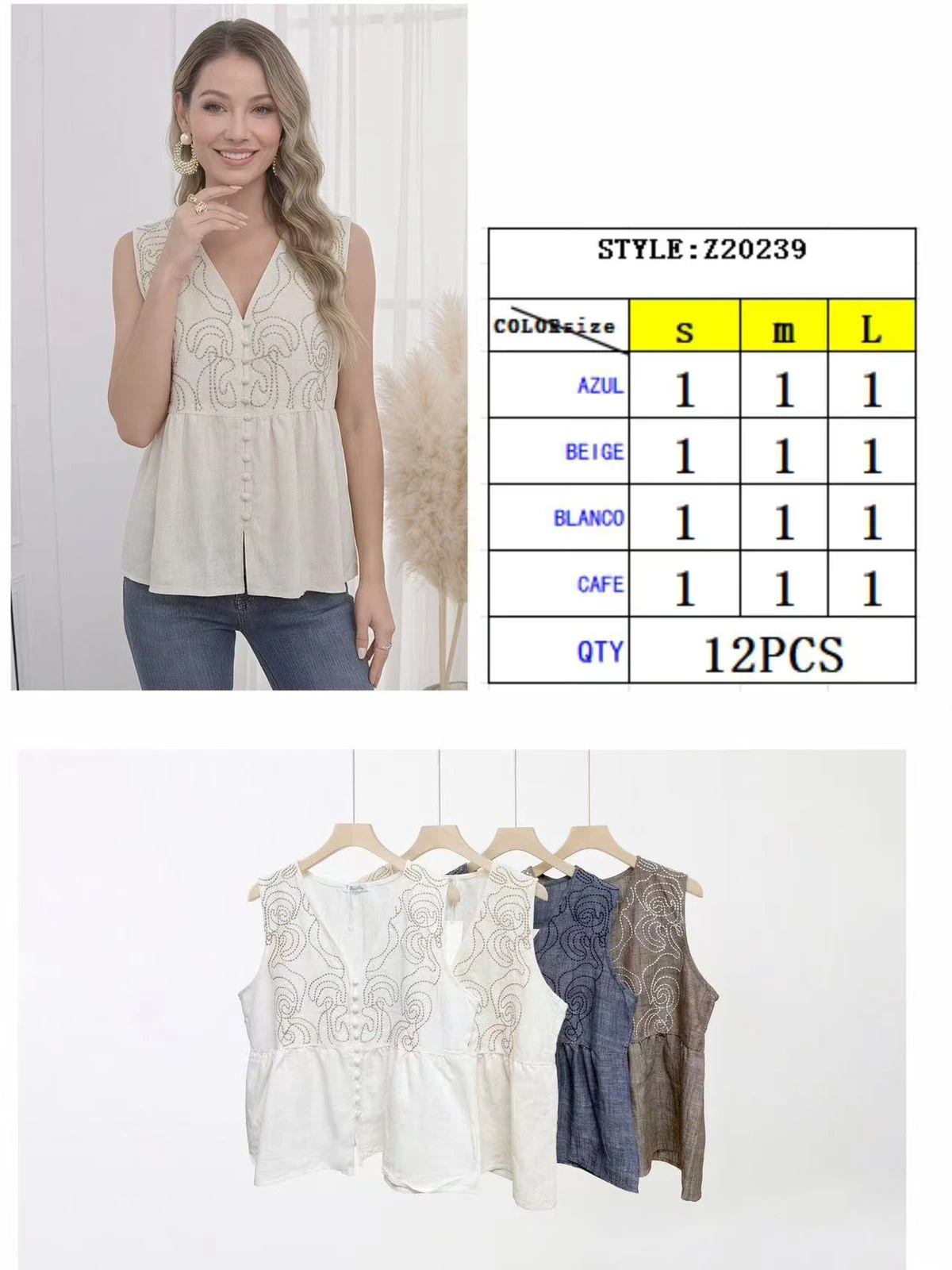 Blusa sin mangas con botones y bordado-Z20239