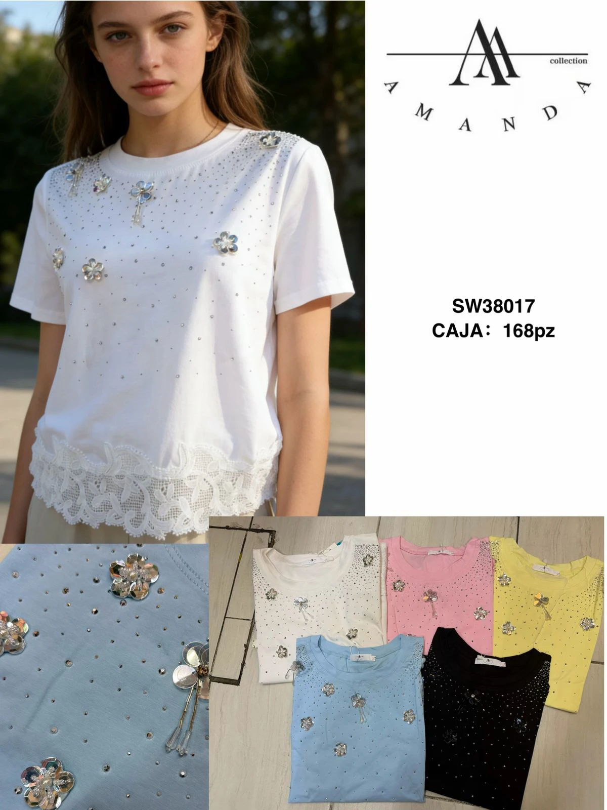 Camiseta de manga corta con aplicaciones florales y pedrería-SW38017