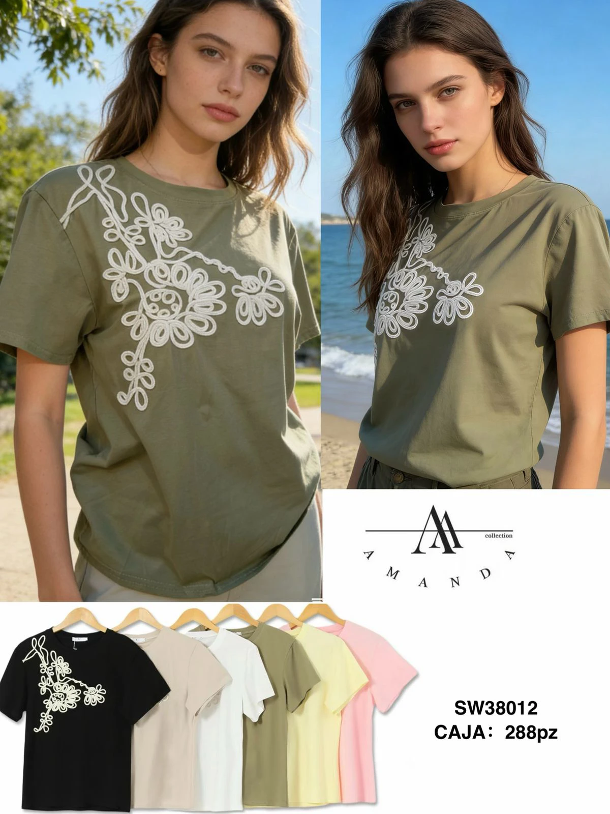 Playera de cuello redondo con bordado floral-SW38012