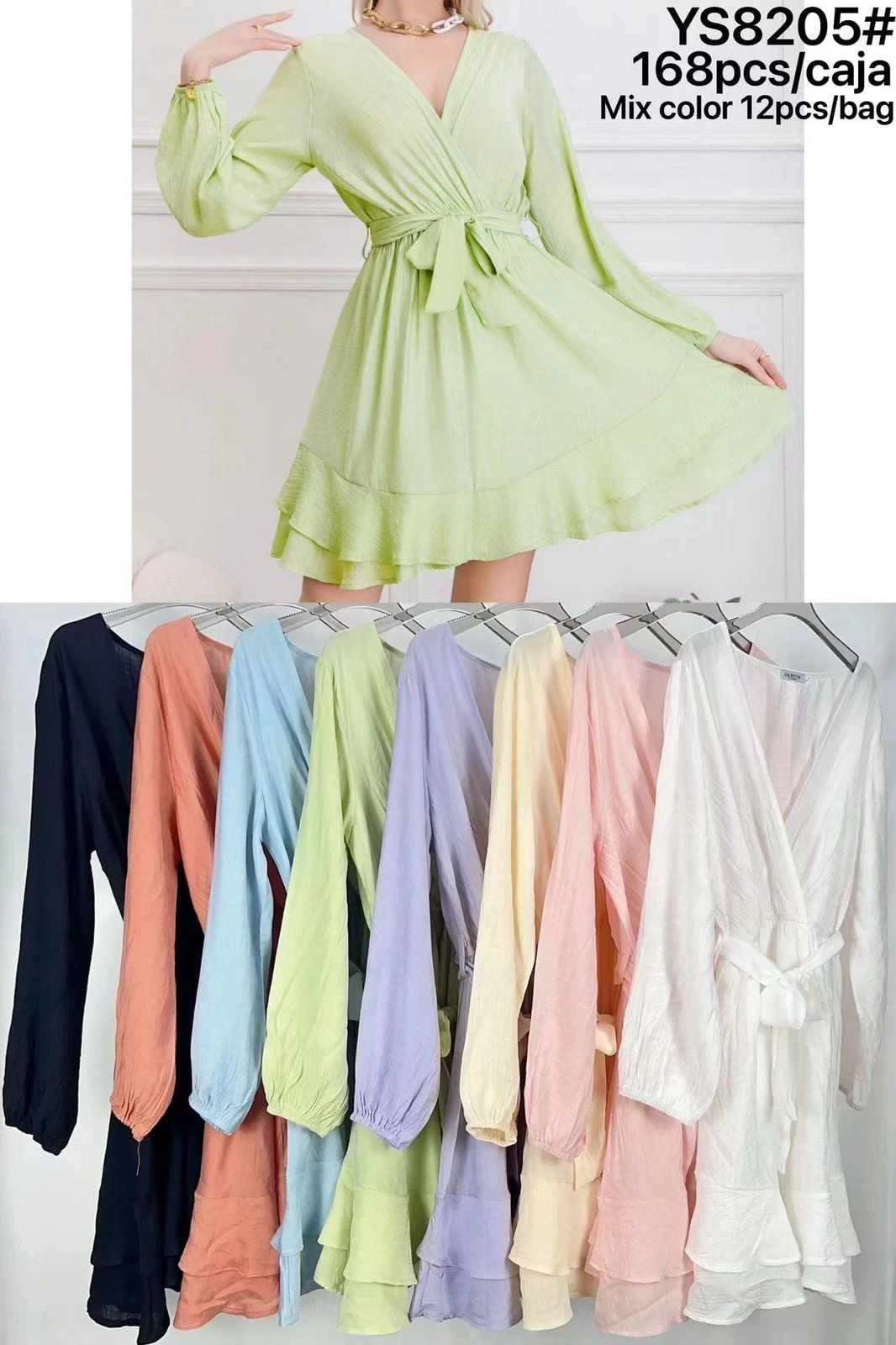 Vestido corto de manga larga con cuello en V y amarre en la cintura-YS8205