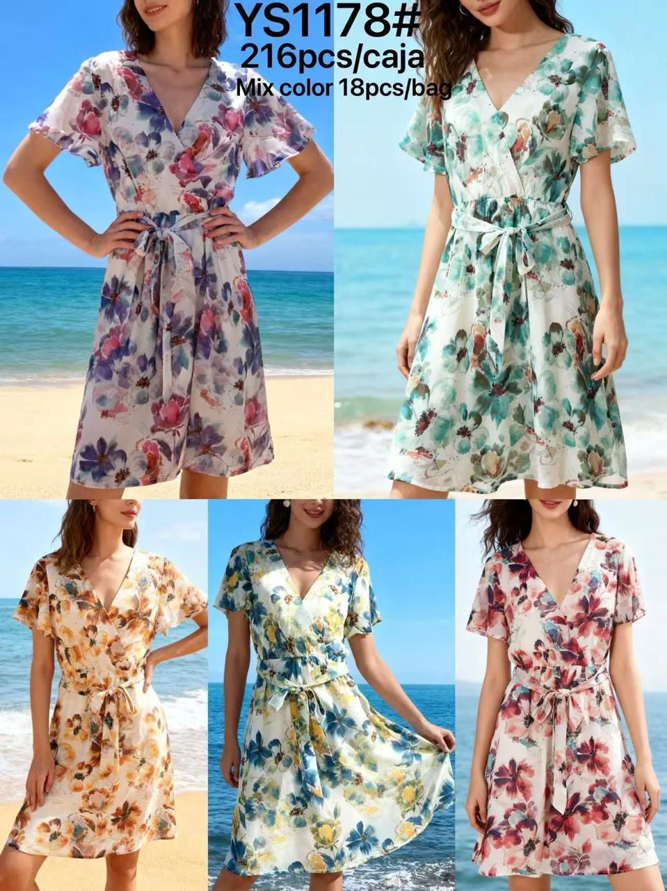 Vestido corto floral con escote en V y lazada-YS1178