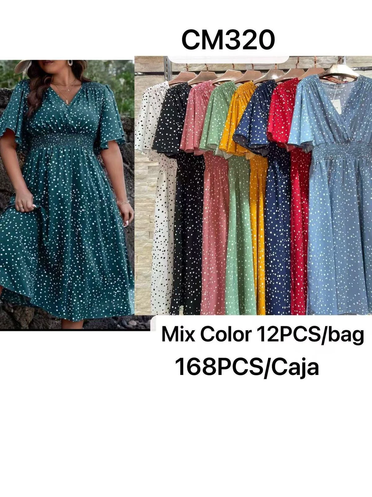Vestido de lunares con escote en V-CM320