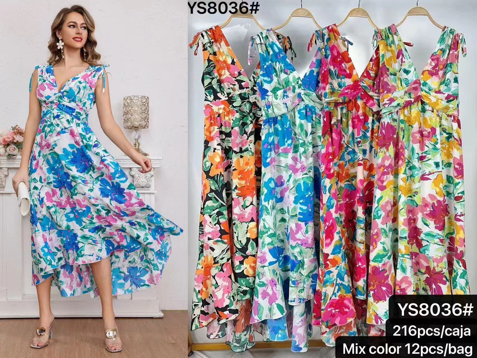 Vestido de tirantes floral con bajo asimétrico-YS8036