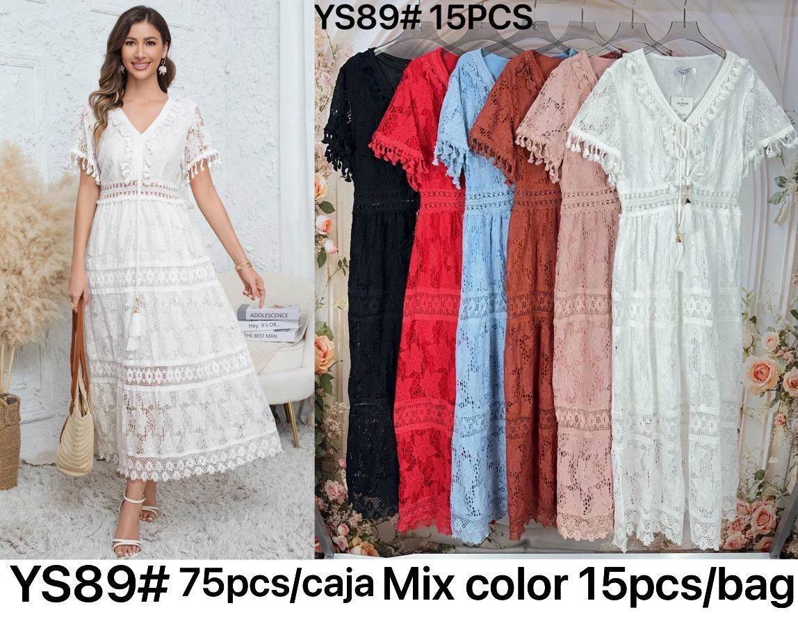 Vestido largo de encaje con cuello V-YS89