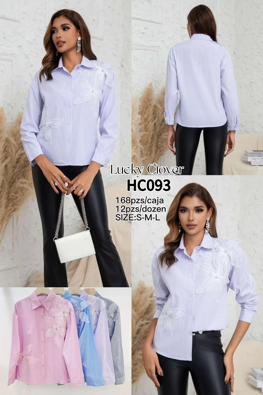 Camisa de vestir a rayas con flores bordadas-HC093