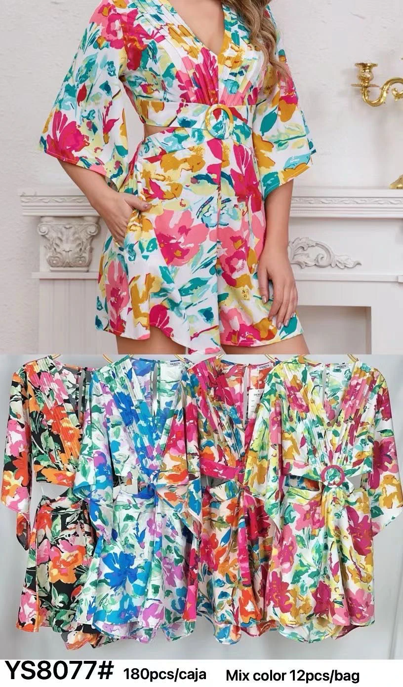Jumpsuit floral de manga corta con cinturón-YS8077