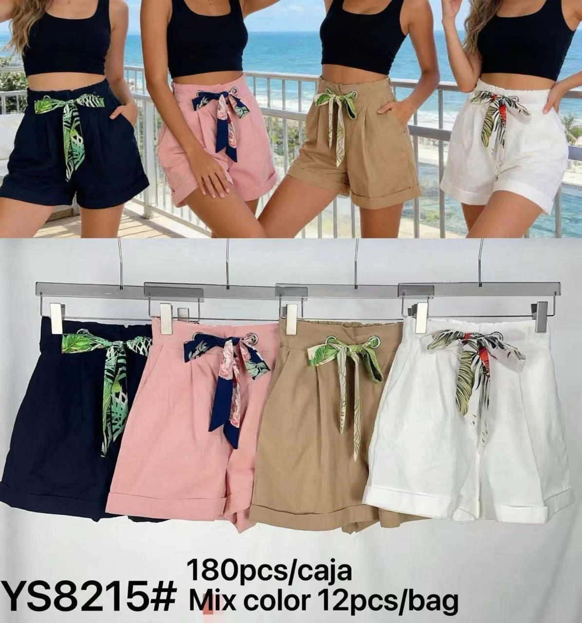 Shorts casuales de cintura alta con pañuelo estampado-YS8215