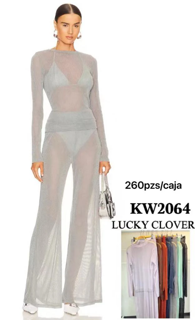 Conjunto de Top de Manga Larga Transparente y Pantalón Acampanado-KW2064