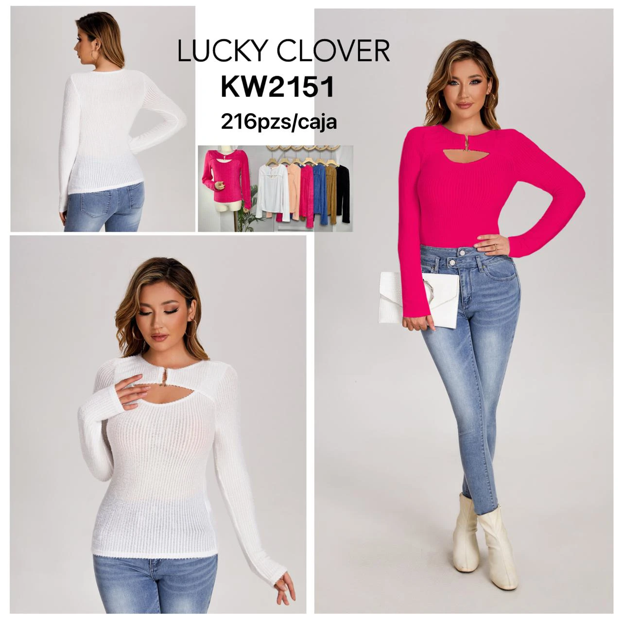 Suéter de punto con abertura en el cuello-KW2151
