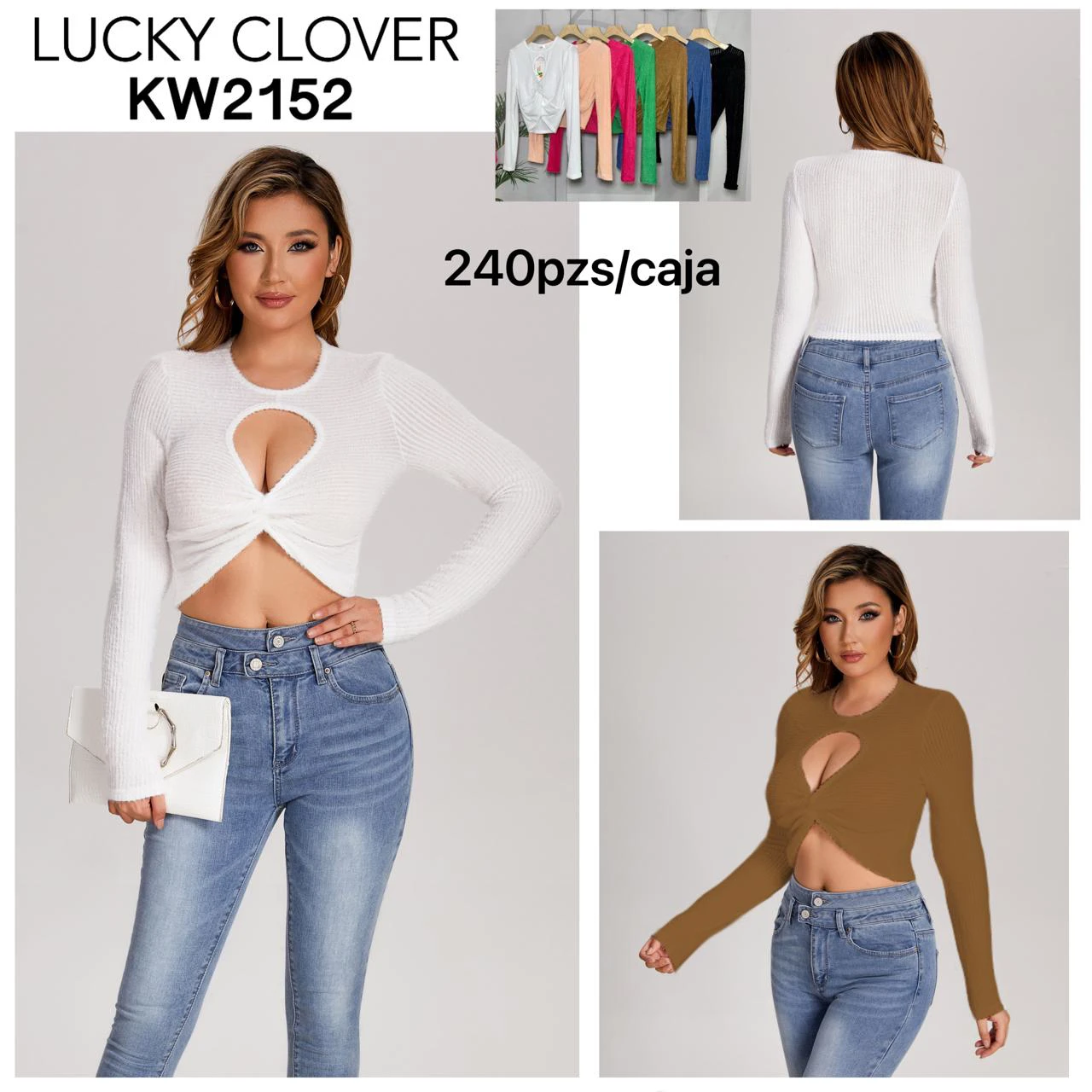 Top de manga larga con abertura y nudo frontal-KW2152