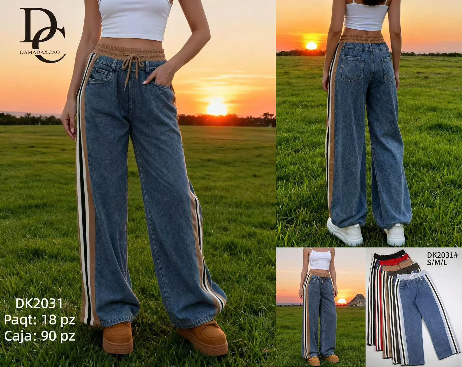 Jeans de mujer de pierna ancha con franjas laterales-DK2031
