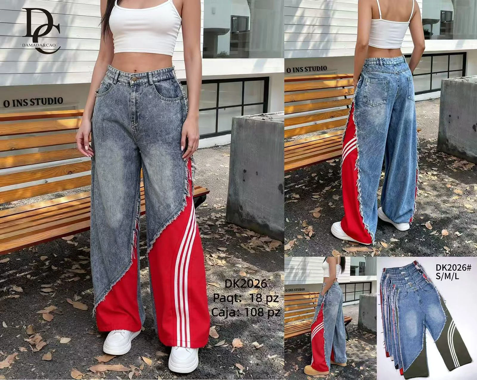 Jeans de mezclilla de corte recto con paneles de color y franjas laterales-DK2026