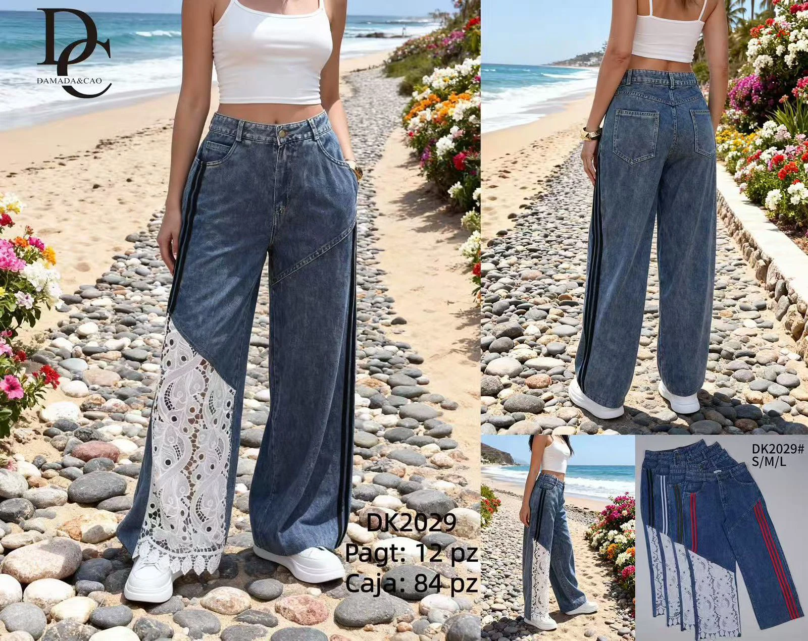 Jeans de mezclilla anchos con detalle de encaje y franjas laterales-DK2029