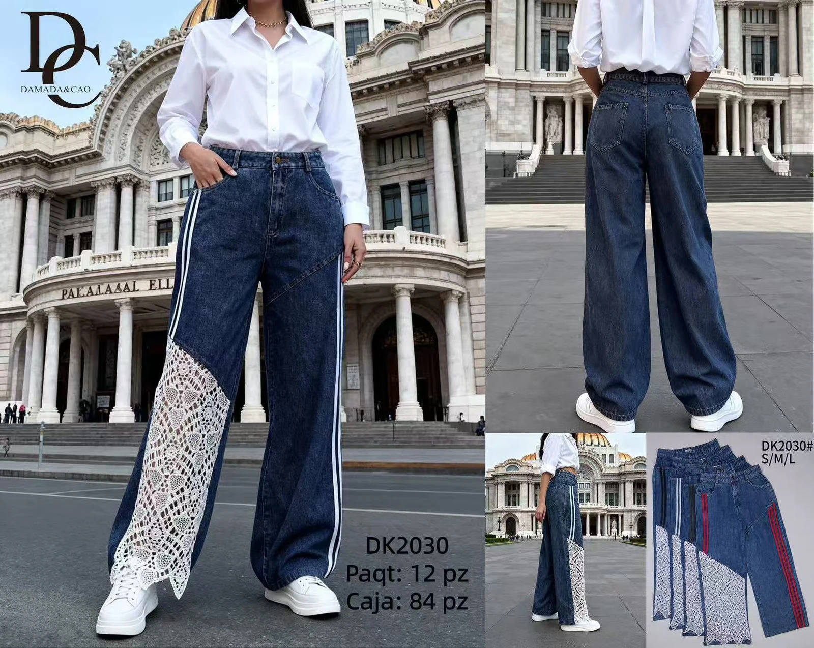 Jeans de mujer de pierna ancha con encaje y franjas laterales-DK2030