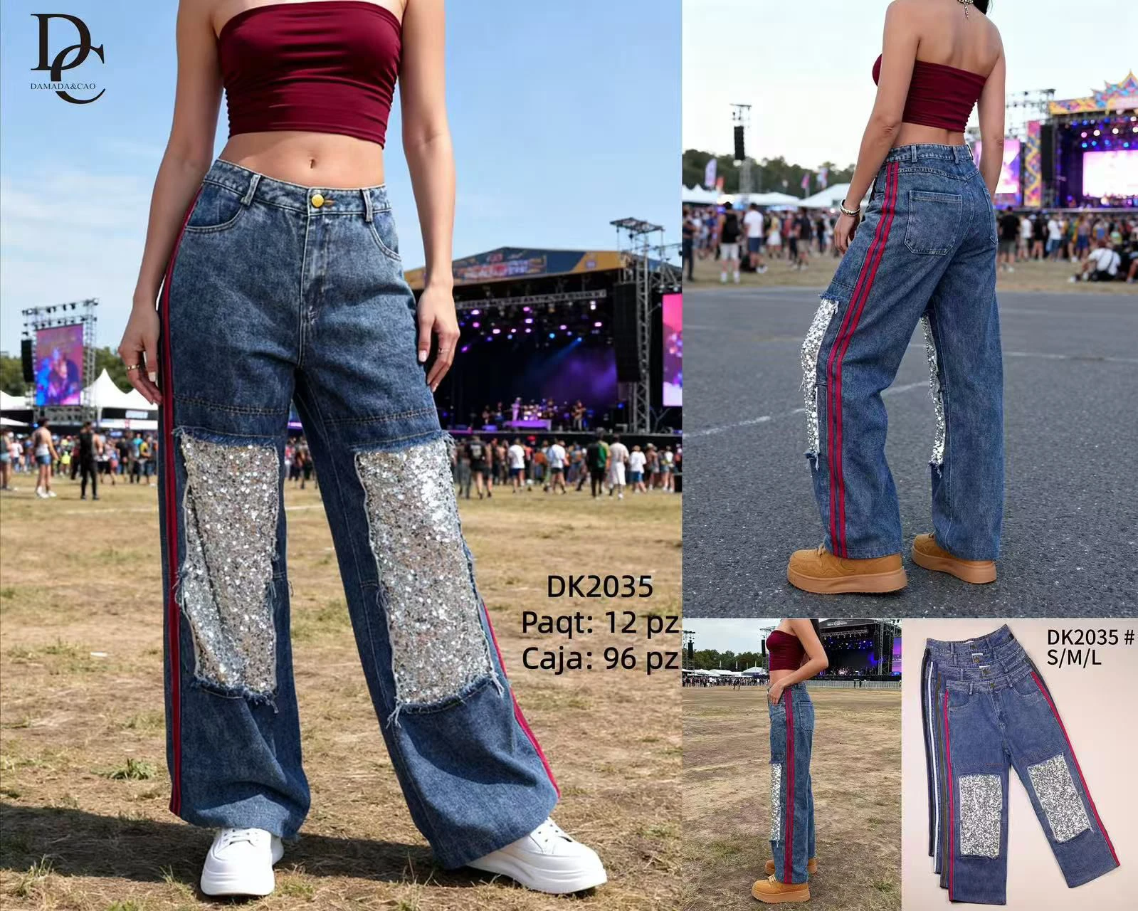 Pantalones de mezclilla con lentejuelas y rayas laterales-DK2035