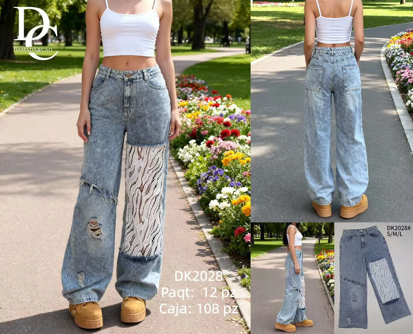 Jeans Anchos con Detalles de Encaje y Roturas-DK2028