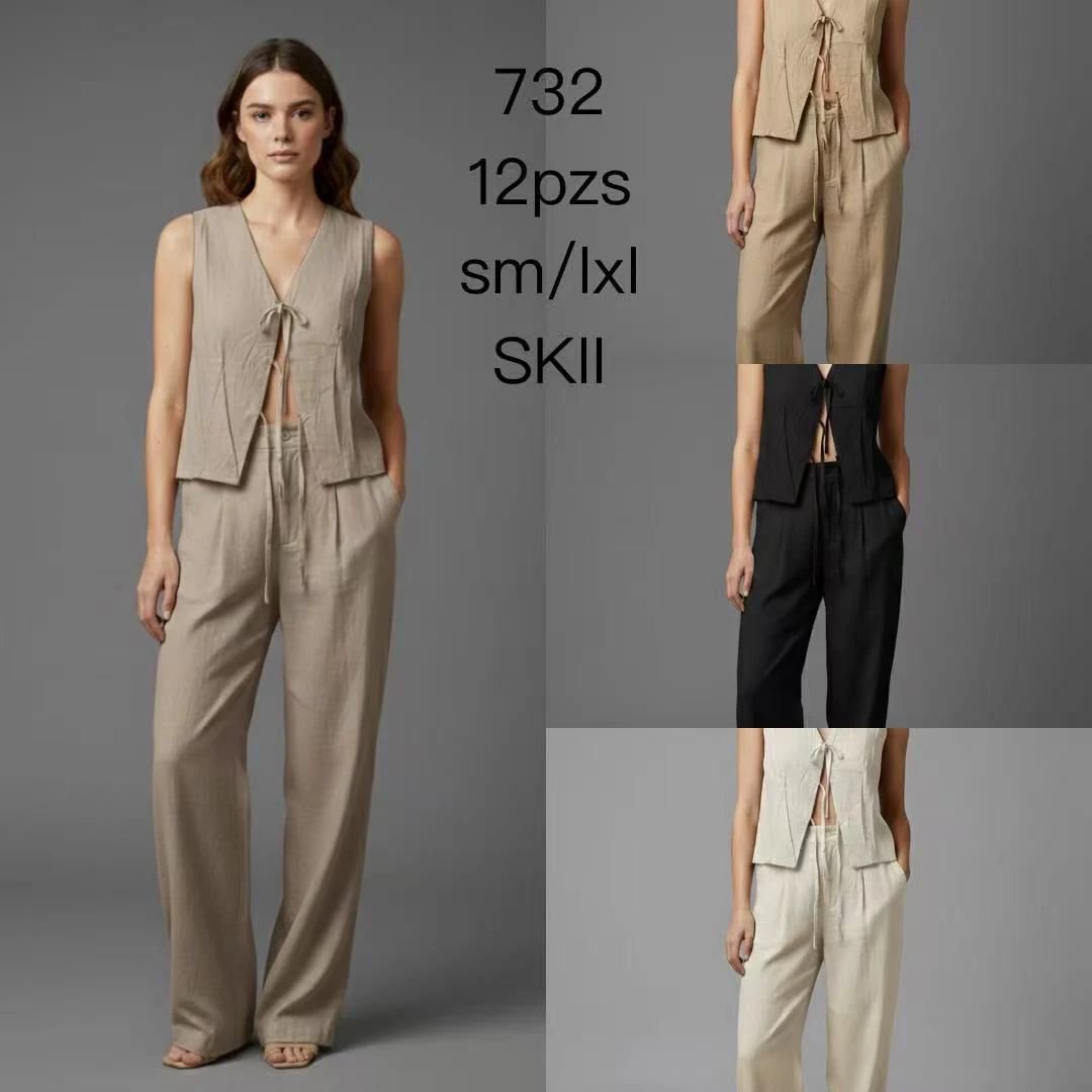 Conjunto de chaleco con lazo y pantalón ancho-732