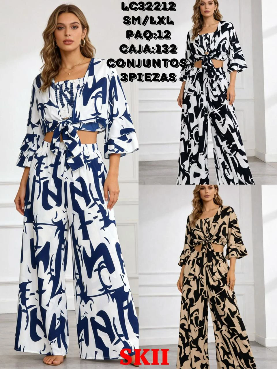 Conjunto de 3 piezas de top y pantalón ancho estampado-LC32212