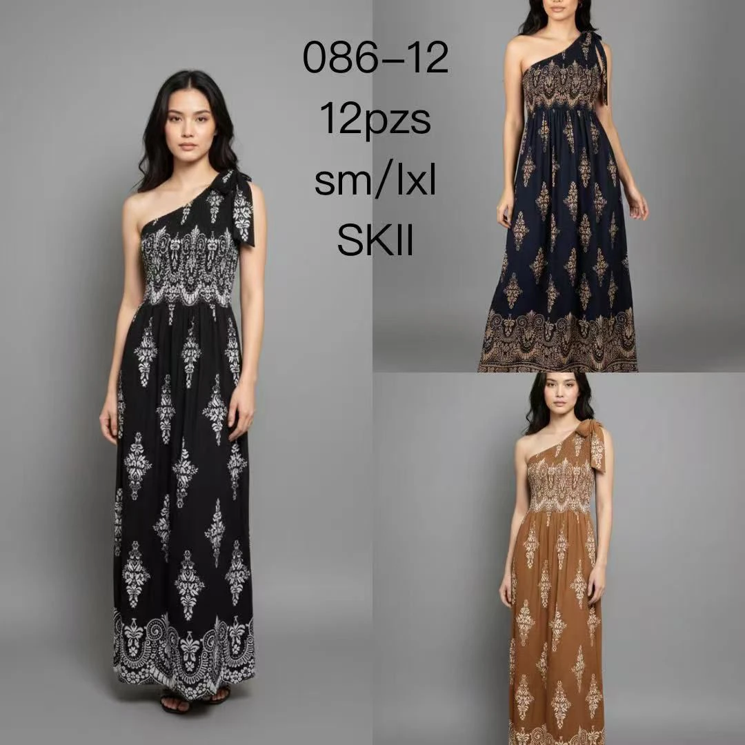 Vestido maxi de un hombro con detalle fruncido y estampado-086-12