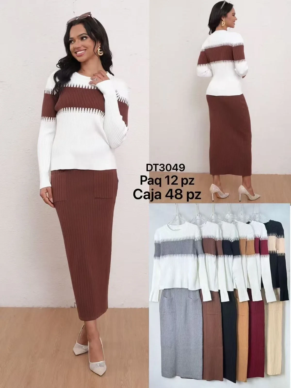 Conjunto de suéter a rayas y falda midi de punto-DT3049