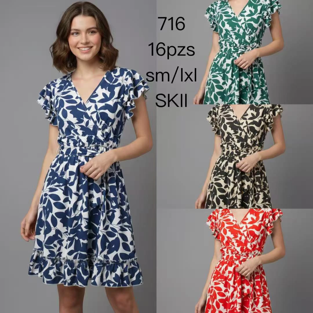 Vestido estampado de hoja con cuello en V-716
