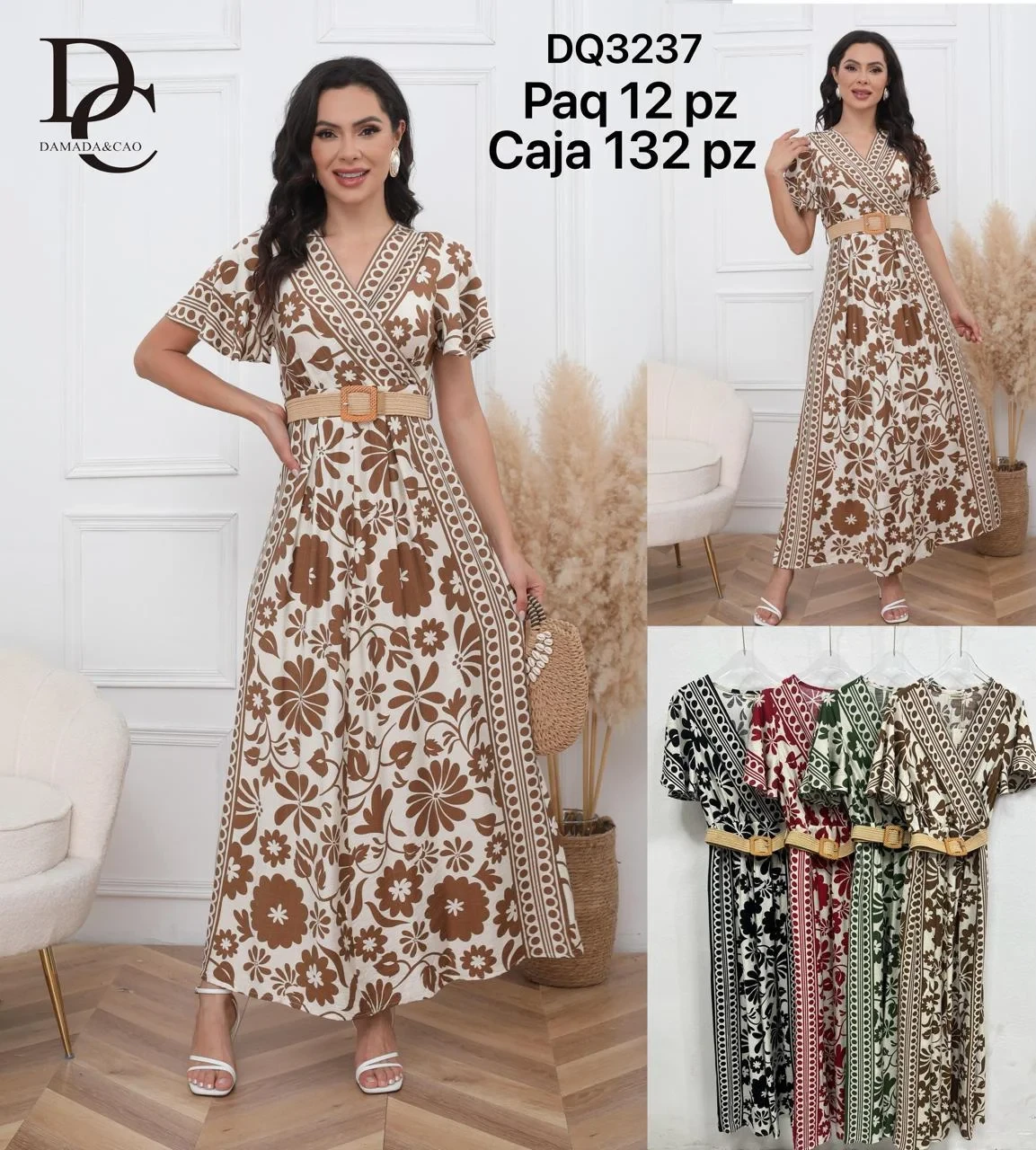 Vestido floral con cinturón-DQ3237