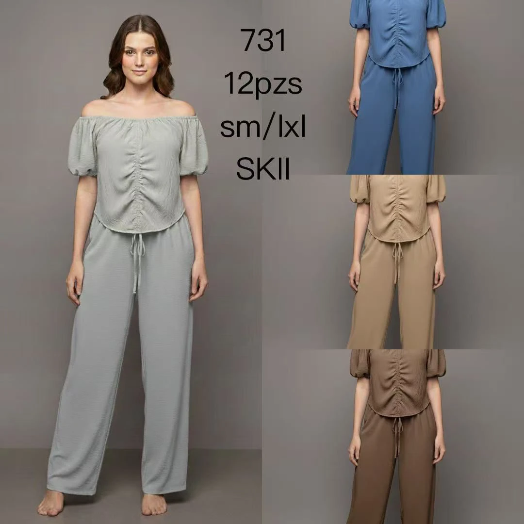 Conjunto de Blusa Fruncida Hombros Descubiertos y Pantalón Ancho-731