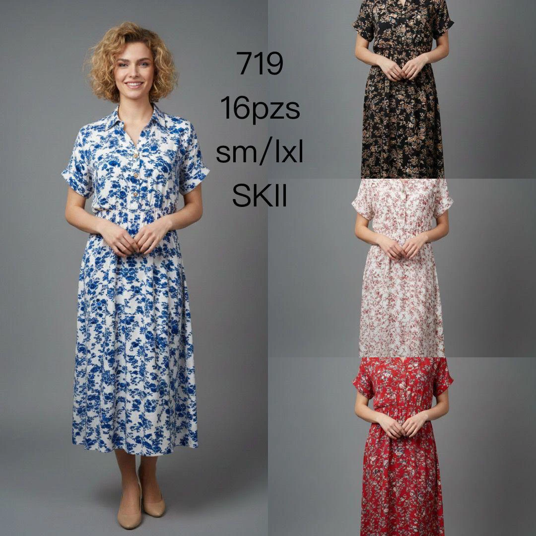 Vestido camisero floral de manga corta-719